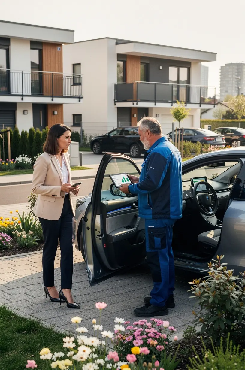 Techniker überprüft Motor eines Fahrzeugs während mobiler Inspektionsdienstleistung.